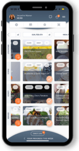 Mockup of an iphone with a meal planning app